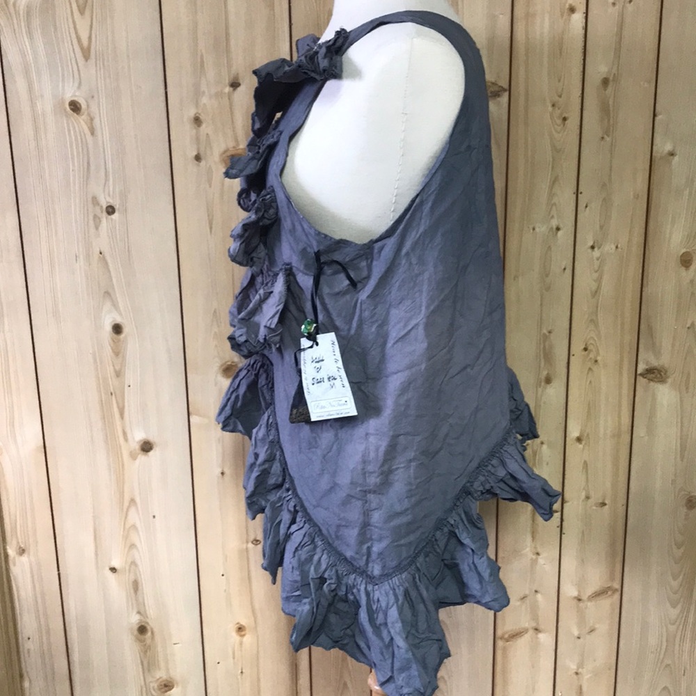 LAST CALL Ritanotiara Lagenlook ruffled asymmetrical top cotton NFR gray MEDIUM - Picture 4 of 7